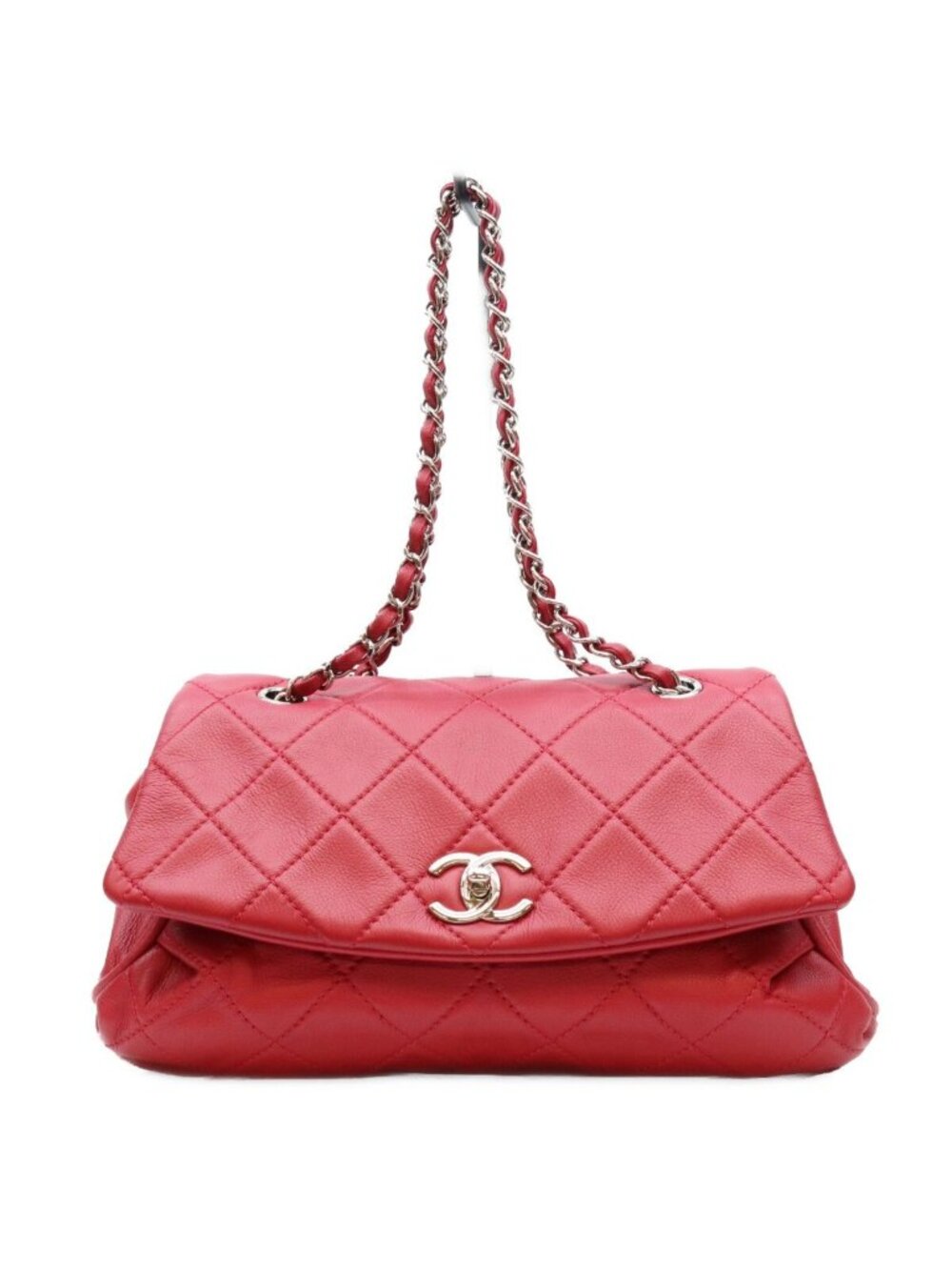 Chanel Red Silver CC Curvy Calfskin Quilted Flap Shoulder Bag